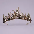 Antique bronze gothic branch tiara crown featuring white black pearls and crystals - Retro Antique Gold (TS-J2835AG)