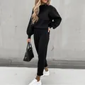 Elegant women's black high-neck sweatshirt and matching long pants two-piece lounge set - S / Top And Bottom / Black