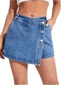 Modieuze denim skort met hoge taille en een asymmetrisch knoopontwerp - S / Bottoms / Blauw