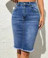 High waisted stretch denim pencil skirt with stylish frayed hem and medium blue wash - S / Blue