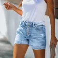 Stylish women's high-waisted distressed denim shorts with button fly and cuffed hem - S / Bottoms / Light Color