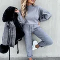 Casual grey two-piece lounge set with high-neck long sleeve top and drawstring joggers - S / Top And Bottom / Gray