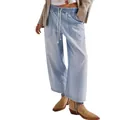 Light wash denim cropped straight leg pants for women with comfortable drawstring waist - S / Bottoms / Light Blue