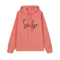 Vista detallada de la sudadera extragrande rosa coral con estampado Smile y cordón ajustable - S / Tops / Rojo Anaranjado