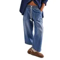 Stylish women's blue wash wide-leg denim jeans featuring an elastic drawstring waist - S / Bottoms / Dark Blue