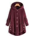 Detail of burgundy plush hooded coat with wooden buttons and irregular hem - Burgundy