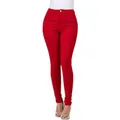 Detailopname van een levendig rode skinny jeans met hoge taille voor dames en slanke pasvorm - Rood