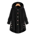 Detail view showing plush texture and wooden button accents on black irregular hooded coat - Black