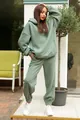 Full view of women's sage green hooded sweatshirt and jogger pants two-piece leisure set - Green