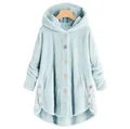 Detail view of a light blue fuzzy hooded jacket for women featuring stylish wood buttons - Sky Blue