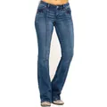 Detalle de la costura frontal en vaqueros acampanados azul lavado ajustados para mujer - XS / Azul marino