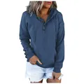 Detailed view of women's loose casual blue hoodie featuring drawstring and buttoned neckline - S / Tops / Denim Blue