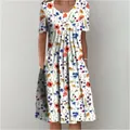 Detail of the elegant floral print and side pockets on a white A-line summer dress - S / Color 1 (Floral Print)
