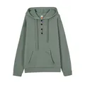 Front flat lay view of a sage green long sleeve hoodie with button collar and front pocket - Mint Green