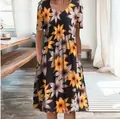 Abito elegante a maniche corte con stampa floreale e comode tasche laterali esterne - Taglia S / Top E Pantaloni / Colore 9 (Stampa girasoli)