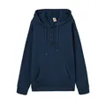 Front view detail of a navy blue casual loose-fit drawstring hoodie for women - Denim Blue