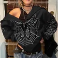 Detailed view of a black spider web print zip-up hoodie with oversized street style - S / Tops / Black