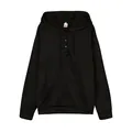 Detail view of a black hooded sweatshirt with button placket and kangaroo pocket. - S / Tops / Black