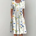 Detailed macro view of white floral short sleeve midi dress with pockets and pleats - S / Color 2 (Daisy Print)