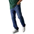 Detailed view of classic dark blue straight-leg denim jeans for men shown on a model. - S / Bottoms / Dark Blue