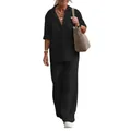 Full view of women's casual black set featuring a lapel shirt and matching wide-leg pants - Black