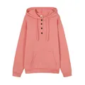 Close-up detail of coral pink hoodie featuring drawstring hood and four-button placket - Pink