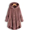 Women's cozy dusty rose fleece hooded jacket featuring asymmetrical hem and buttons - Pink