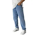 Full view of men's classic light blue straight leg denim jeans styled with white sneakers - S / Bottoms / Light Blue