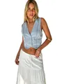 Detail view of a light blue washed denim vest paired with a white tiered skirt for women - S / Light Blue