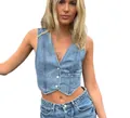 Close-up of vintage washed denim vest with V-neck and metal buttons for women - S / Dark Blue