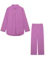 Detailed view of the purple long-sleeved shirt and matching wide-leg trousers set - S / Top And Bottom / Purple