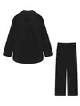 Detail view of a black two-piece set featuring a lapel shirt and wide-leg trousers. - S / Top And Bottom / Black