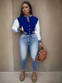 Cropped blue and white varsity jacket with single-breasted buttons and striped cuffs - Blue