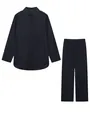 Detailed view of the dark navy two-piece long sleeve shirt and wide leg pants set. - Dark Blue