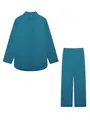 Women's solid teal two-piece set featuring a long-sleeve shirt and wide-leg pants - Lake Blue
