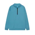 Vista dettagliata di una felpa azzurra da donna con mezza zip e maniche lunghe pullover - Blu lago