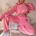 Stylish pink two-piece athletic tracksuit set with cropped hoodie and jogger pants - S / Top And Bottom / Pink
