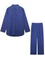 Full view of royal blue two-piece set with long-sleeve shirt and wide-leg trousers - Dark Royal Blue