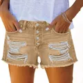 Distressed khaki denim shorts with frayed tassel hem and button fly closure for women - Khaki