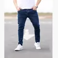 Jean en denim stretch pour hommes coupe ajustée délavé bleu foncé pour la mode - S (28) / Bas / Bleu foncé