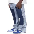 Detailed view of men's blue patchwork flared denim cargo pants featuring a layered design - S / Bottoms / Light Blue