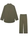 Olive green casual two-piece set with long sleeve button-down shirt and wide leg pants. - Dark Green