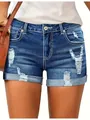 Detail of women's high waisted ripped denim shorts with stretch and rolled hems. - S / Bottoms / Dark Blue