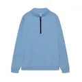 Vista dettagliata della felpa azzurra da donna con mezza zip e cerniera nera a contrasto - Celeste
