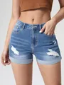 Vista frontale di pantaloncini di jeans blu a vita alta con orlo risvoltato e strappi - Taglia S / Pantaloni e gonne / Azzurro