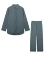 Detailed flat lay of a dusty blue-green two-piece shirt and wide-leg trousers set - Dark Gray