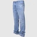 Men's light blue straight-leg denim jeans featuring distressed wash and raw frayed hem detail - S / Bottoms / Light Blue
