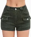 Close-up of olive green high-waisted cargo denim shorts with side pockets - S / Bottoms / Army Green