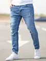 Distressed slim fit men's stretch denim jeans in light blue for casual street style. - S (28) / Bottoms / Dark Blue