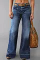 Detail of women's wide-leg flared denim jeans with vintage wash and pocket details - S / Bottoms / Dark Blue